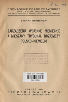 Zarządzenia wojenne niemieckie a mieszany trybunał rozjemczy polsko-niemiecki